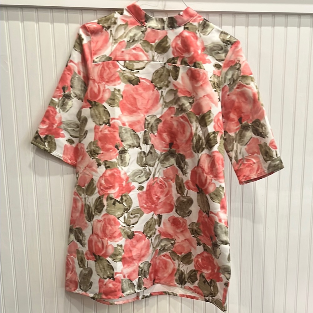 Pink and Green Sheath Mini Dress with Mock Neck